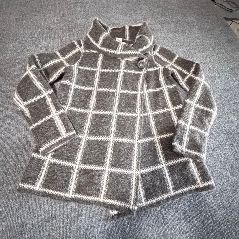 Ellen Tracy Grey Windowpane Plaid Wool Blend Asymmetrical Button Cardigan Small